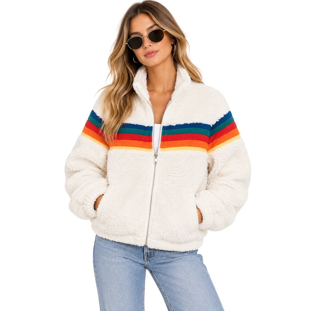 Paper Crane White Sherpa Rainbow Stripe Zip Jacket EUC Size Small